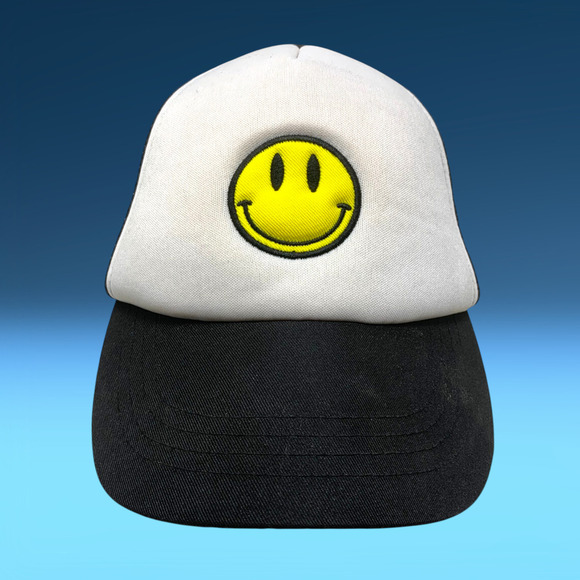Vintage 1970's Smiley Face Snapback Mesh Back Trucker Hat Black Retro Groovy - Picture 1 of 5